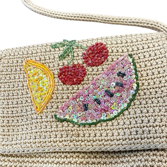 The Sak Womens Shoulder Bag Knitted Macramé Natural Beaded Fruit Design Motif - Picture 3 of 8